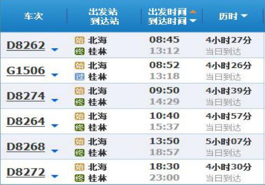 北海火车站时刻表