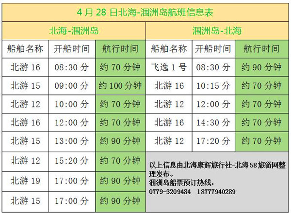 航班时刻表,北海涠洲岛,广西北海旅行社,
