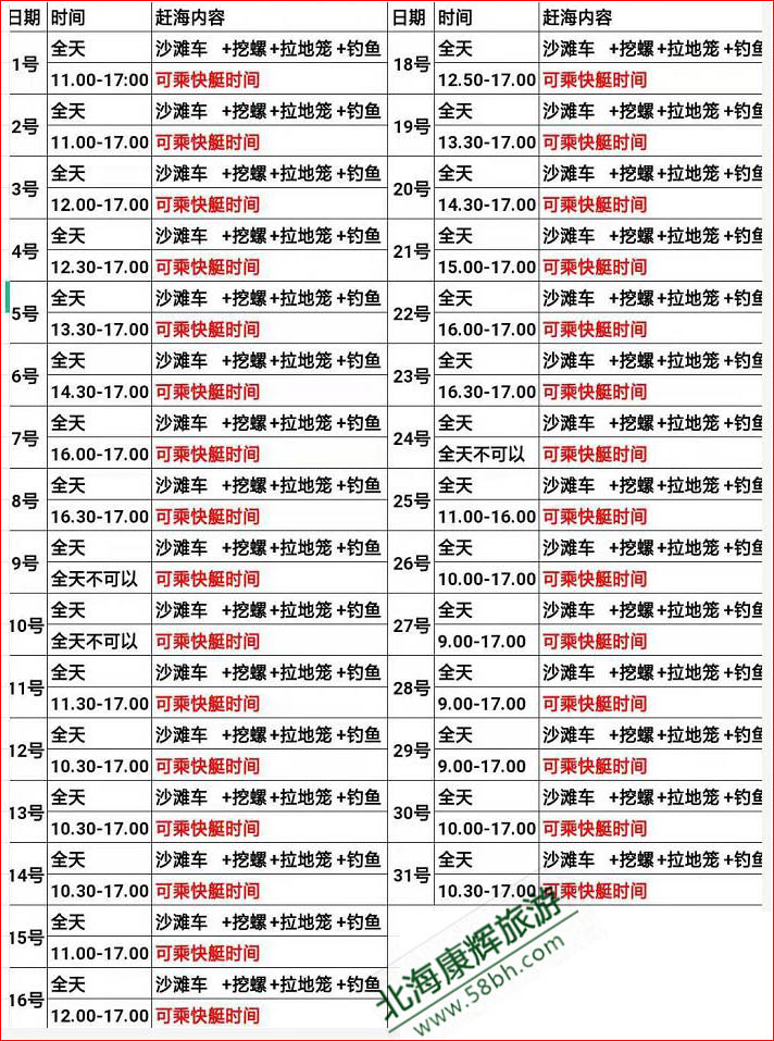 7月北海红树林赶海潮汐时刻表