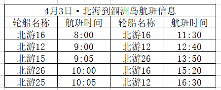 北海到涠洲岛开船时刻表