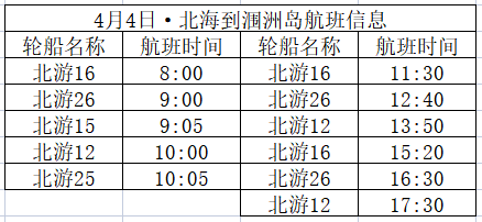 4月4日北海到涠洲岛开船时刻表