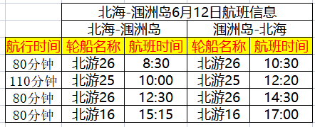 北海到涠洲岛6月12日开船时刻表